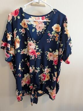 Emerald Women's 2x Navy Blue Floral Plus Size V Neck Short Sleeve Lightweight